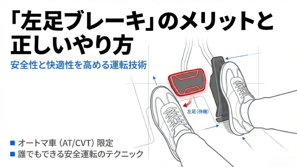 「左足ブレーキのメリットと正しいやり方」と記載された、オートマ車限定の安全運転テクニックを解説するタイトルスライド画像。