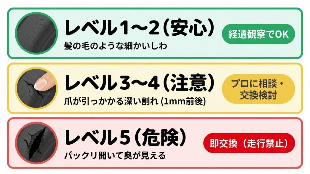 タイヤひび割れの危険度レベル1安心からレベル5危険までの画像比較チャート