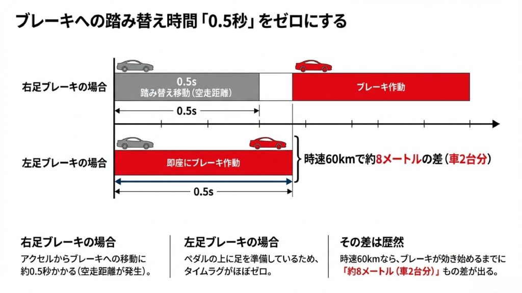 時速60km走行時の左足ブレーキと右足ブレーキの停止距離の比較図。0.5秒の短縮で約8メートルの差が出ることを示すグラフ。