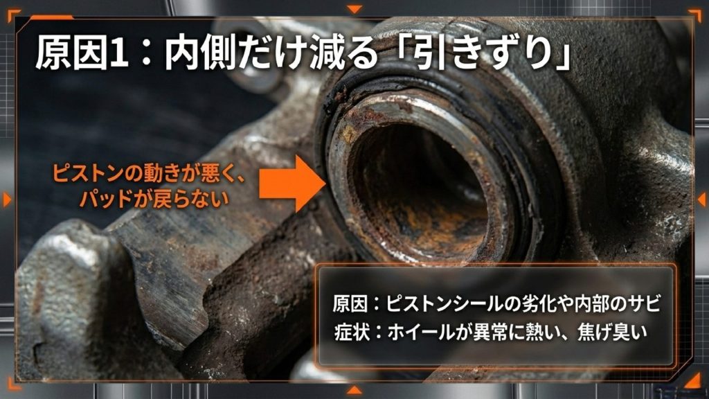 内側が減る引きずり、外側が減るスライドピン固着など、ブレーキパッドが偏摩耗する主な原因を示す図解