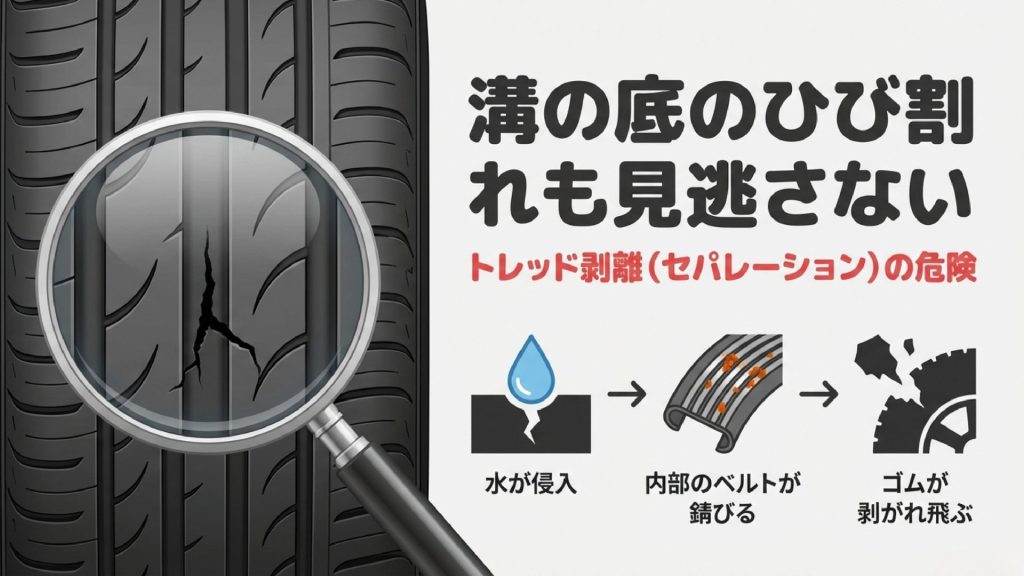タイヤ溝のひび割れから水が侵入し内部ベルトが錆びてゴムが剥がれ飛ぶトレッド剥離の図解