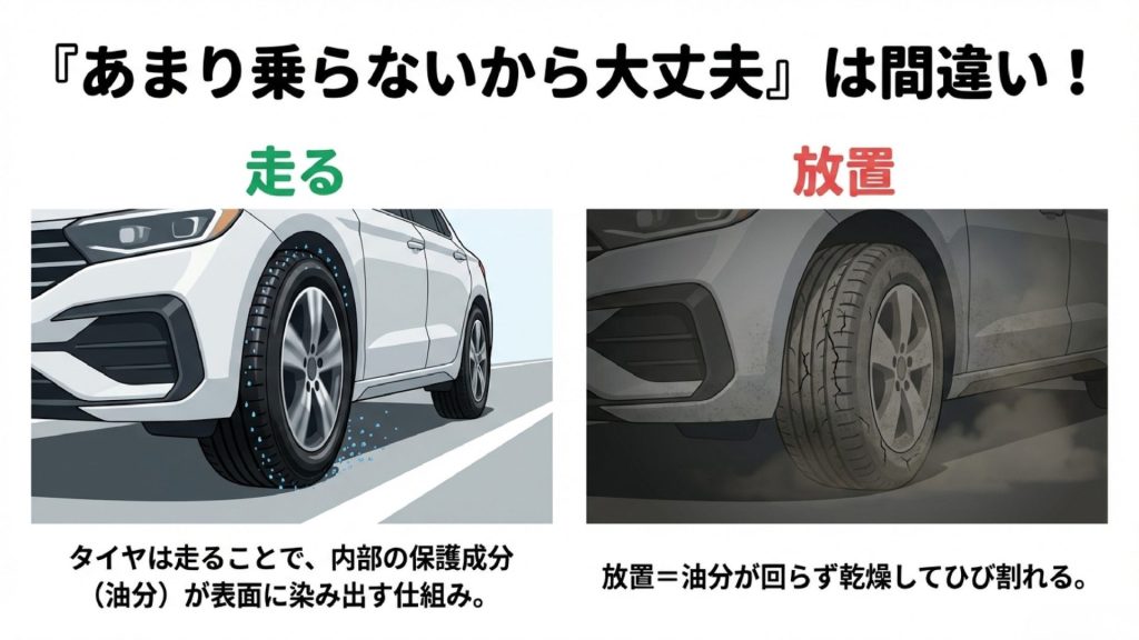 タイヤは走行することで内部の保護油分が染み出すため放置すると乾燥してひび割れる図解