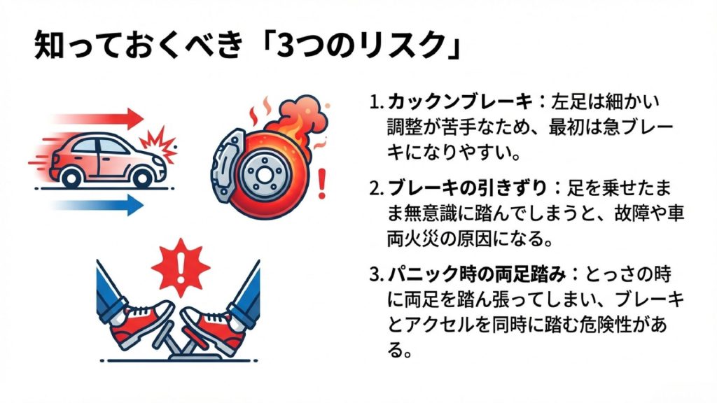 カックンブレーキ、ブレーキの引きずり、パニック時の両足踏みという左足ブレーキの3大リスクを示す警告イラスト。