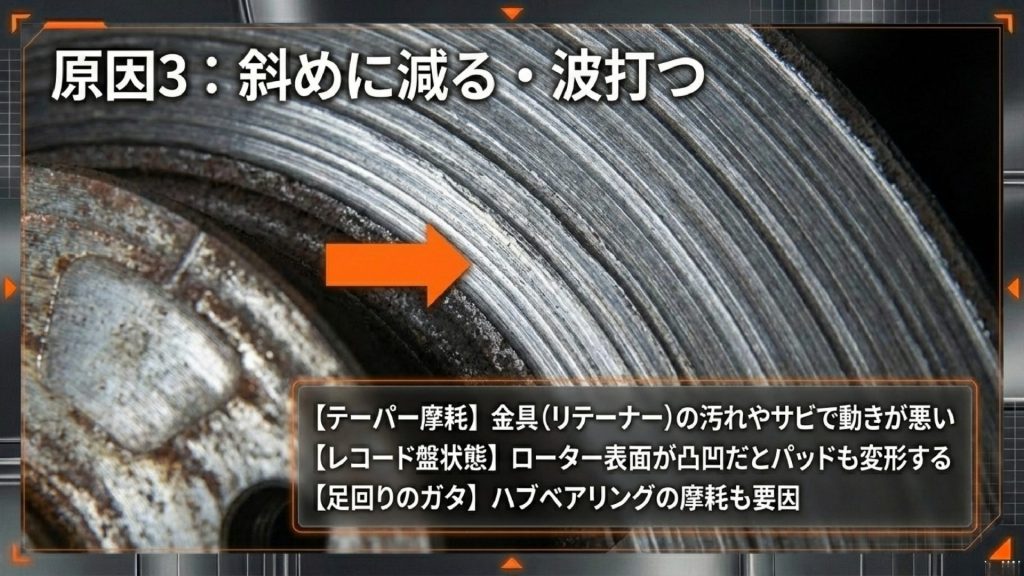 金具の汚れによるテーパー摩耗、ローターの凸凹によるレコード盤状態、ハブベアリング摩耗による足回りのガタ