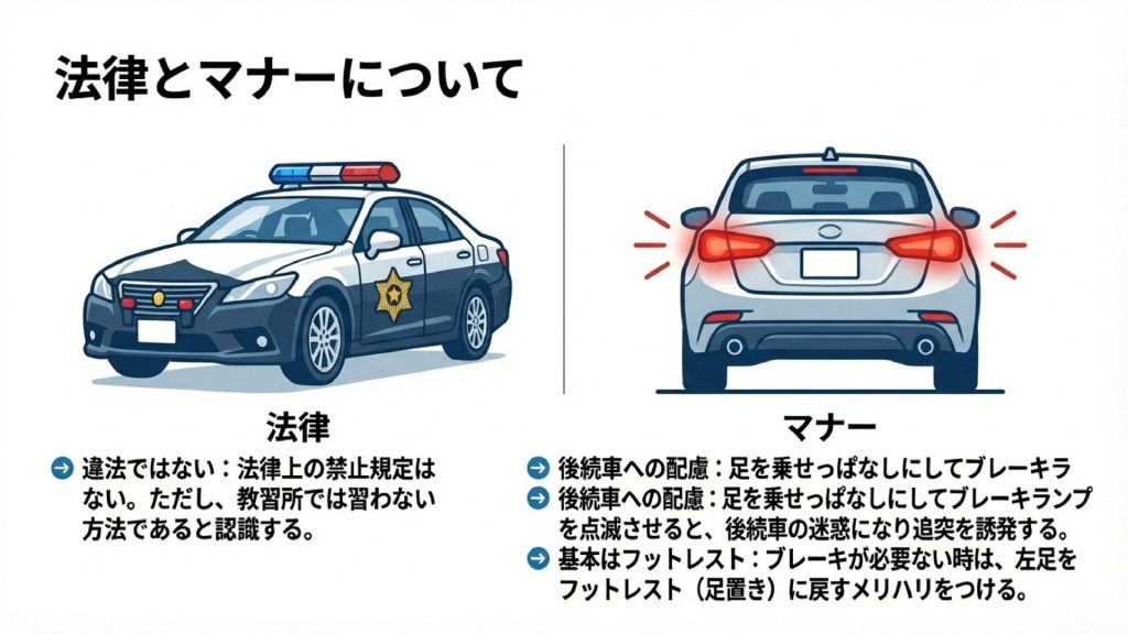 パトカーのイラストとブレーキランプの点灯イメージ。法律上の違反ではないが、引きずりによる後続車への迷惑やマナーについて解説した図。