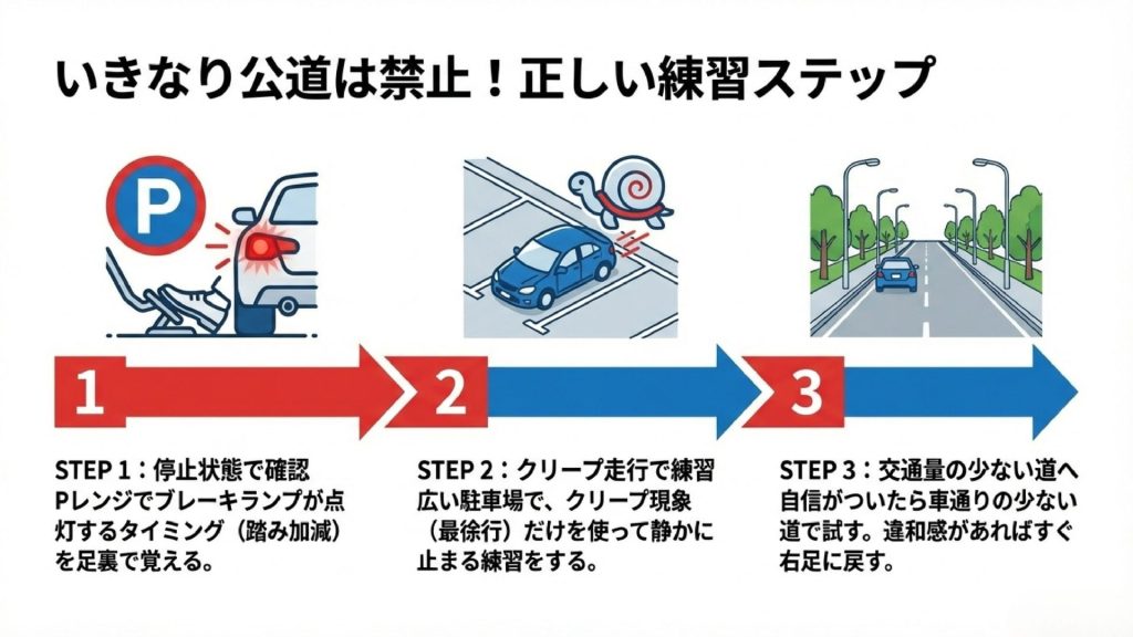 停止状態での確認、駐車場でのクリープ走行練習、交通量の少ない公道での実践という3段階の練習ステップ図。