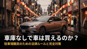車庫なしで車は買えるのか?駐車場難民のための法律ルールと完全対策を提示するタイトルスライド